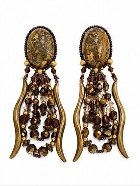 Vtg CHIPITA 1980s Southwestern Jasper and Glass Beaded Clip-on  Earrings